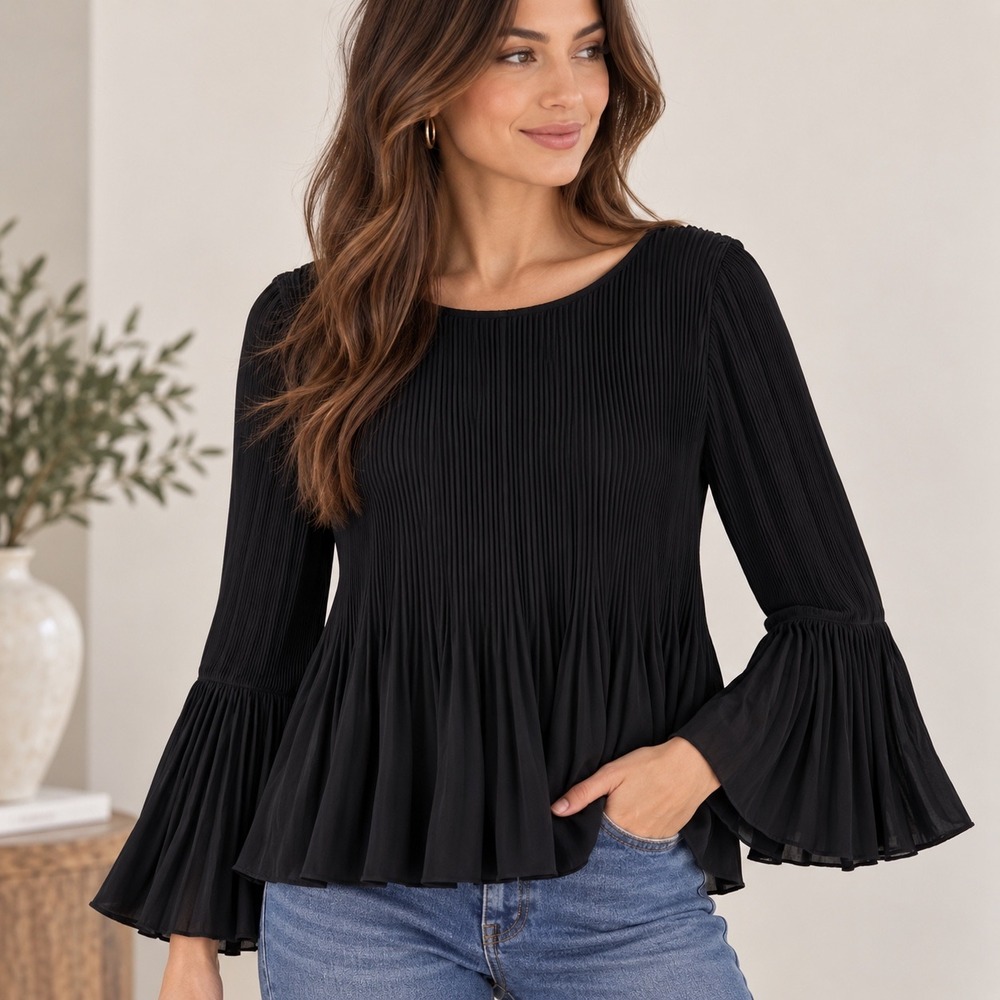 Black Label by Chico's Black Elegant Pleated Bell Sleeve Blouse Top Large L